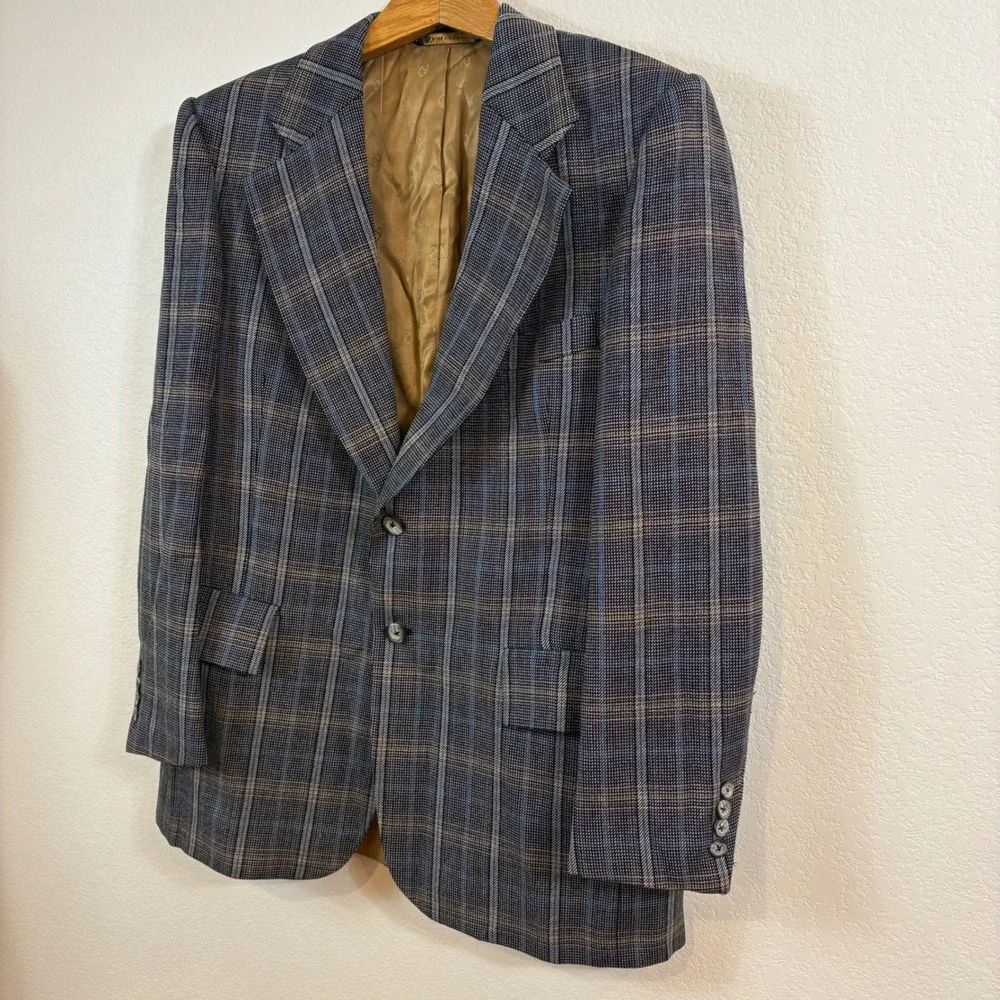 Vtg 70s Christian Dior Blazer Men 46 Blue Plaid Wool Sport Coat Heritage Preppy